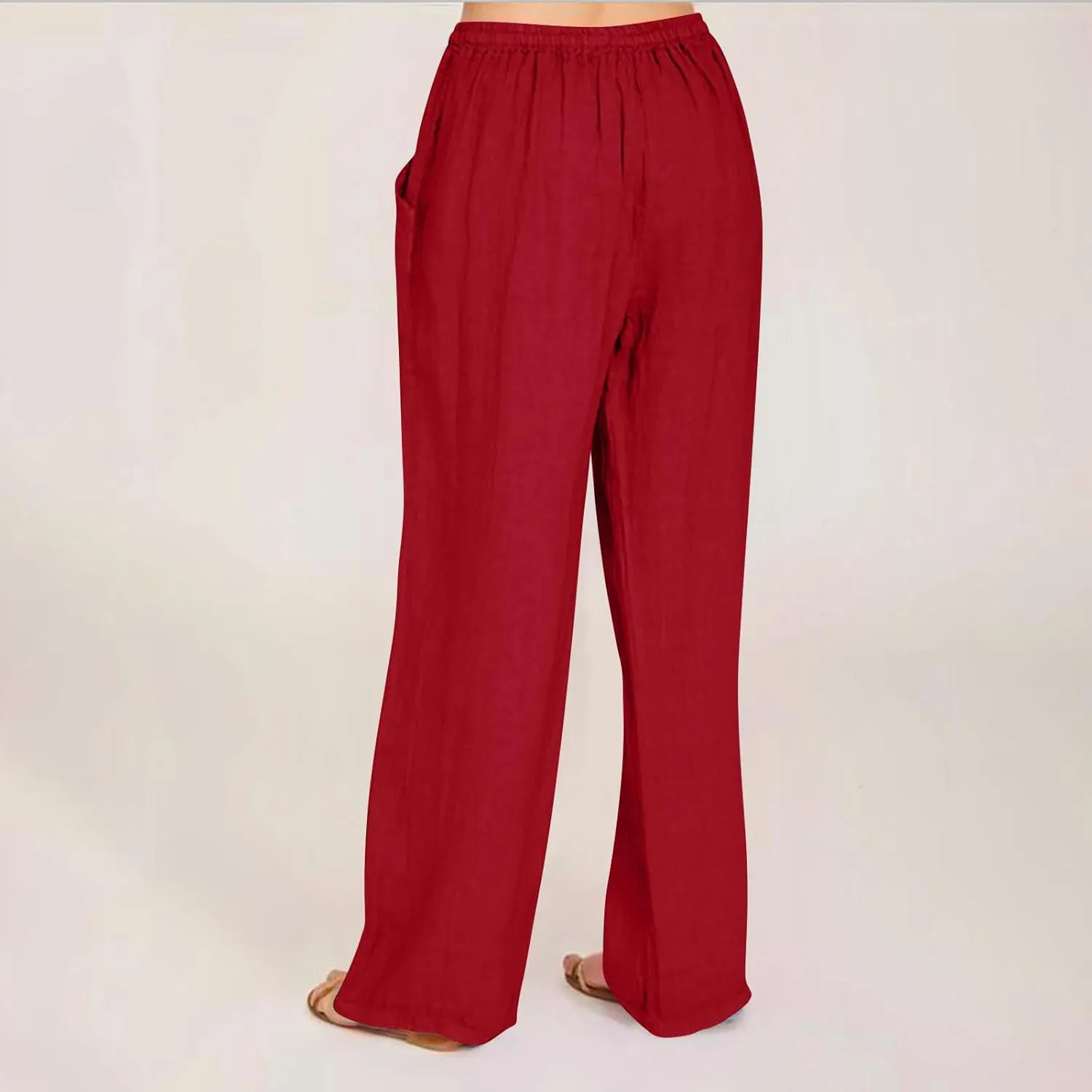 Womens Linen Wide Leg Palazzo Pants Casual Loose Drawstring Summer Beach Travel Vacation Harem Pants with Pockets