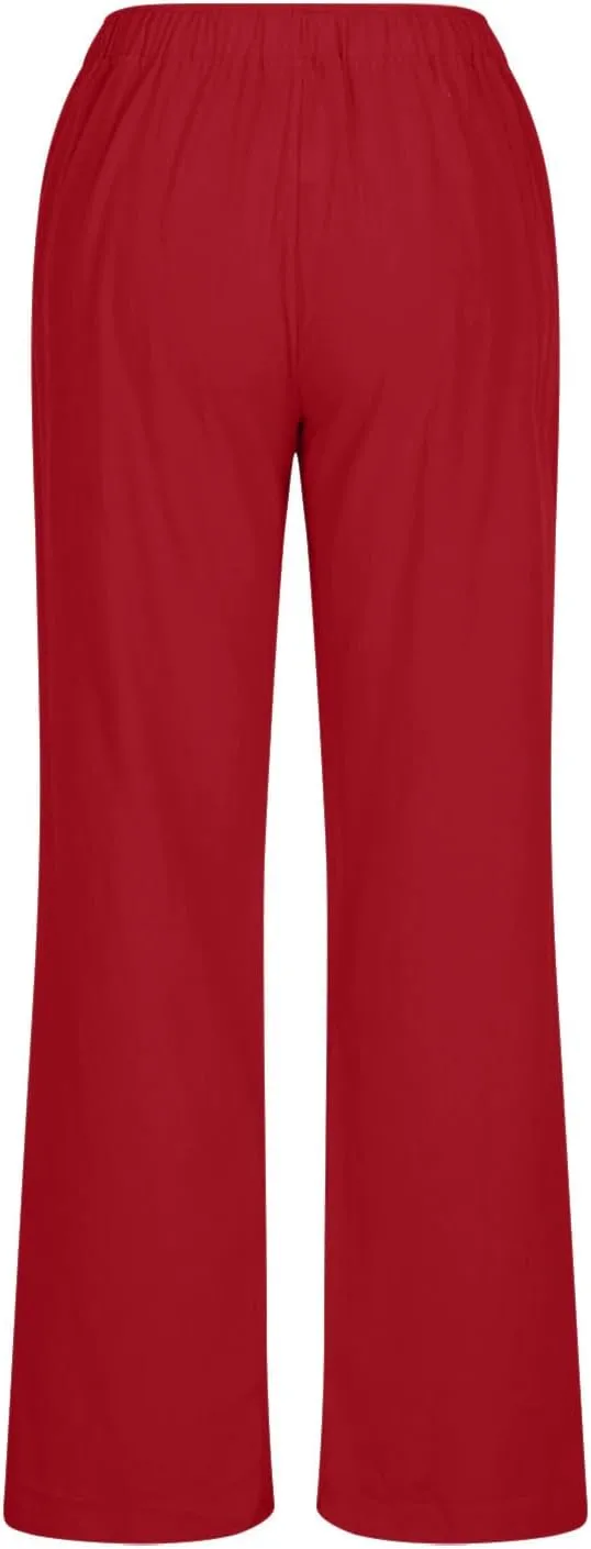 Womens Linen Wide Leg Palazzo Pants Casual Loose Drawstring Summer Beach Travel Vacation Harem Pants with Pockets