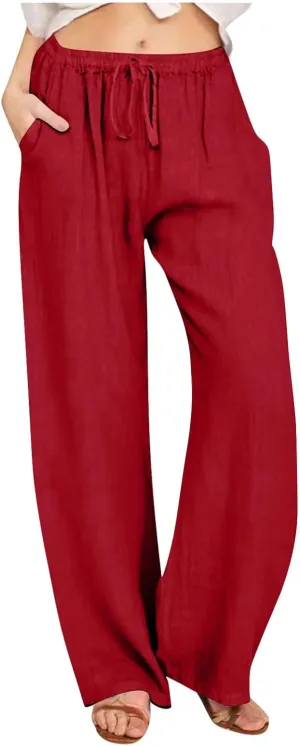 Womens Linen Wide Leg Palazzo Pants Casual Loose Drawstring Summer Beach Travel Vacation Harem Pants with Pockets