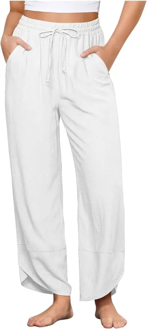 Women's Linen Wide Leg Pants High Waisted Loose Beach Palazzo Pants Summer Drawstring Cropped Trouser with Pockets