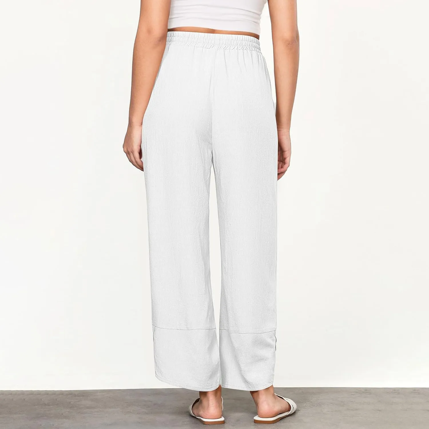 Women's Linen Wide Leg Pants High Waisted Loose Beach Palazzo Pants Summer Drawstring Cropped Trouser with Pockets