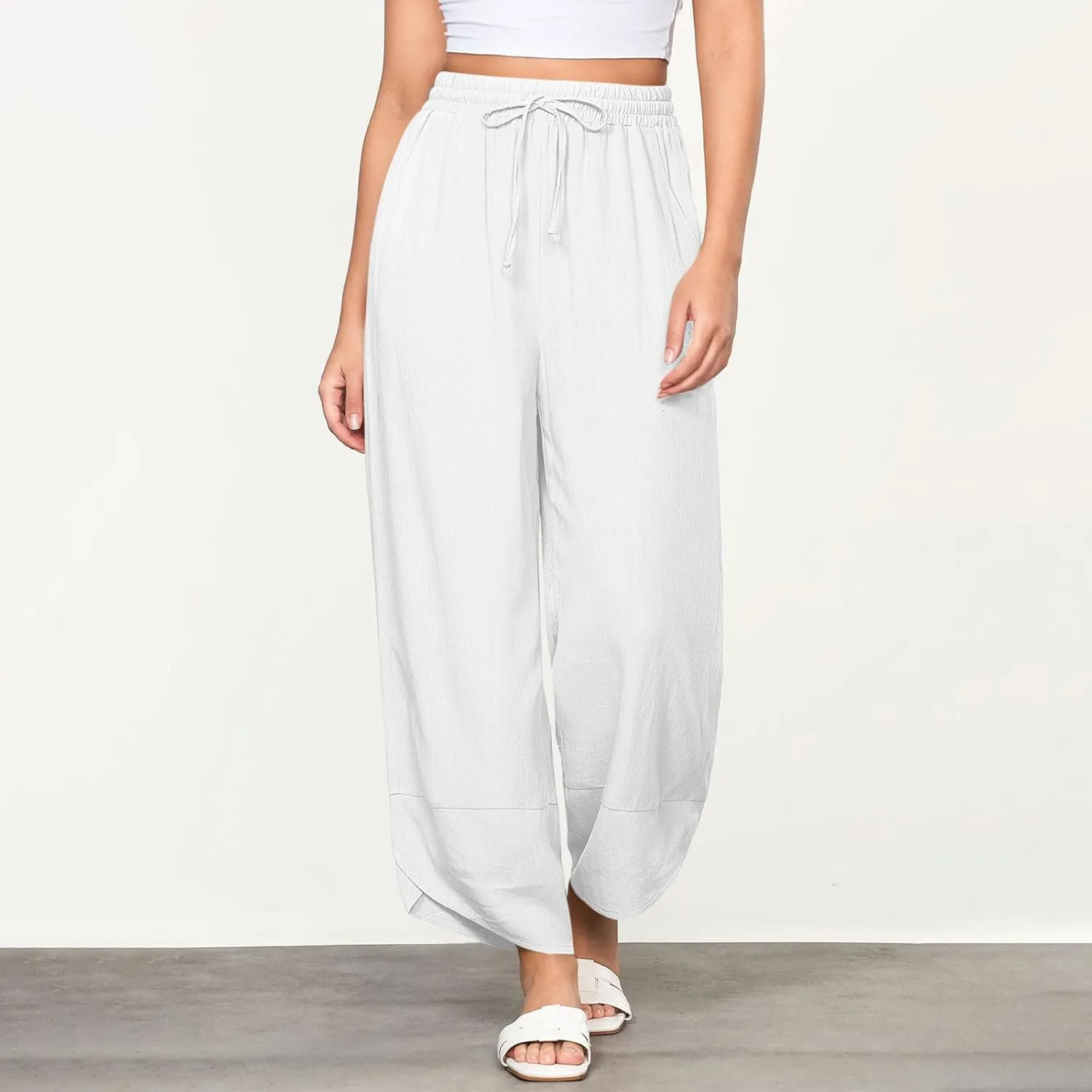 Women's Linen Wide Leg Pants High Waisted Loose Beach Palazzo Pants Summer Drawstring Cropped Trouser with Pockets