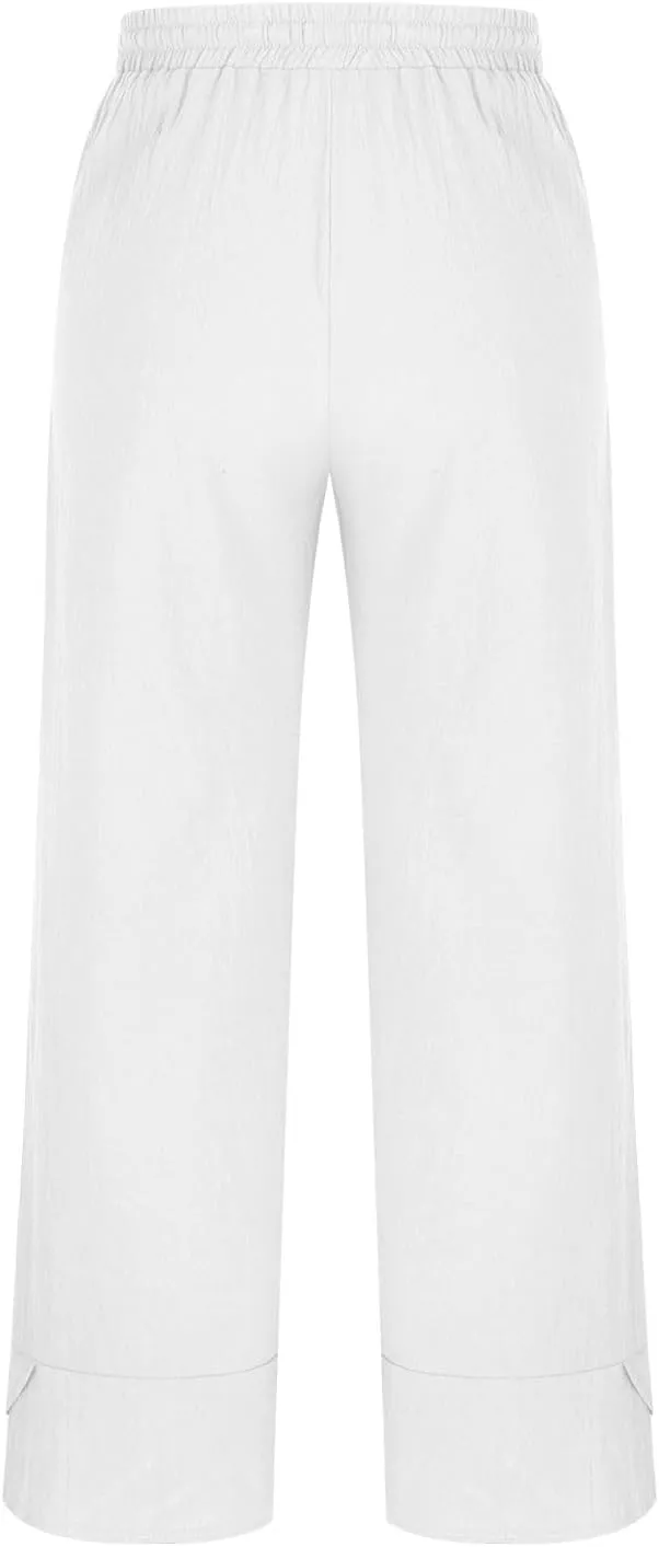Women's Linen Wide Leg Pants High Waisted Loose Beach Palazzo Pants Summer Drawstring Cropped Trouser with Pockets