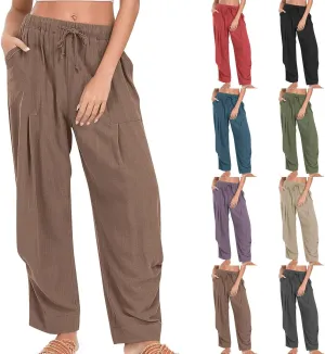 Women's Linen Wide Leg Pants Summer Casual Loose Lightweigt Palazzo Harem Pants Travel Baggy Trousers with Pockets