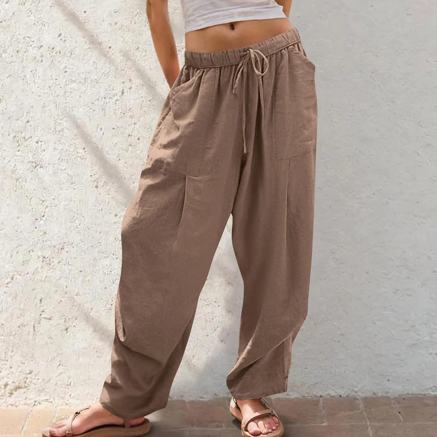 Women's Linen Wide Leg Pants Summer Casual Loose Lightweigt Palazzo Harem Pants Travel Baggy Trousers with Pockets
