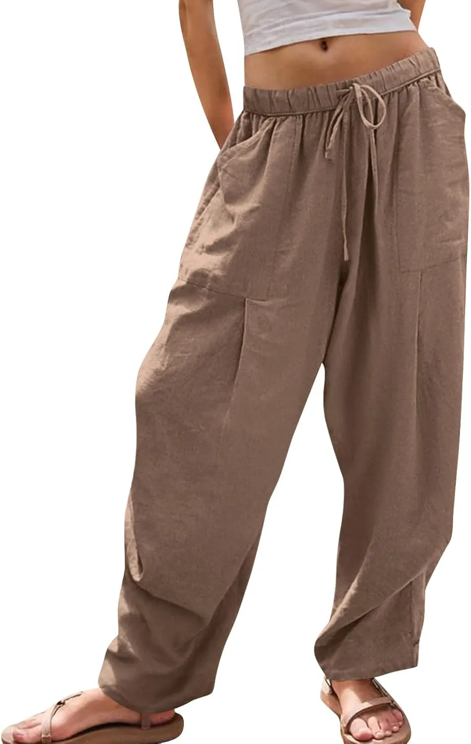 Women's Linen Wide Leg Pants Summer Casual Loose Lightweigt Palazzo Harem Pants Travel Baggy Trousers with Pockets
