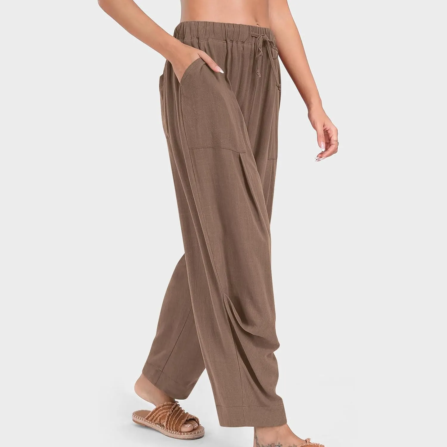 Women's Linen Wide Leg Pants Summer Casual Loose Lightweigt Palazzo Harem Pants Travel Baggy Trousers with Pockets