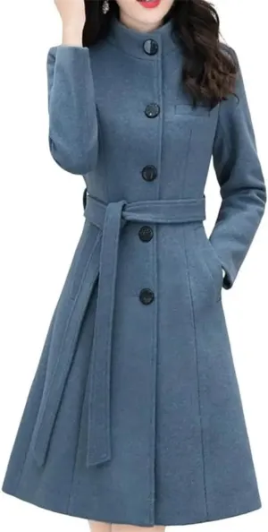 Women's Long Sleeve Outwear Super Soft Slim Woolen Coats Slim Fit Belt Trench Coat
