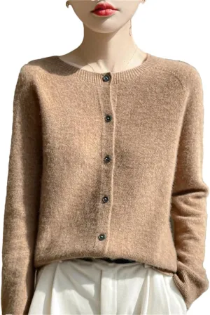 Women's Merino Wool Sweater O Neck Long Sleeve Cardigan Regular Fit Top