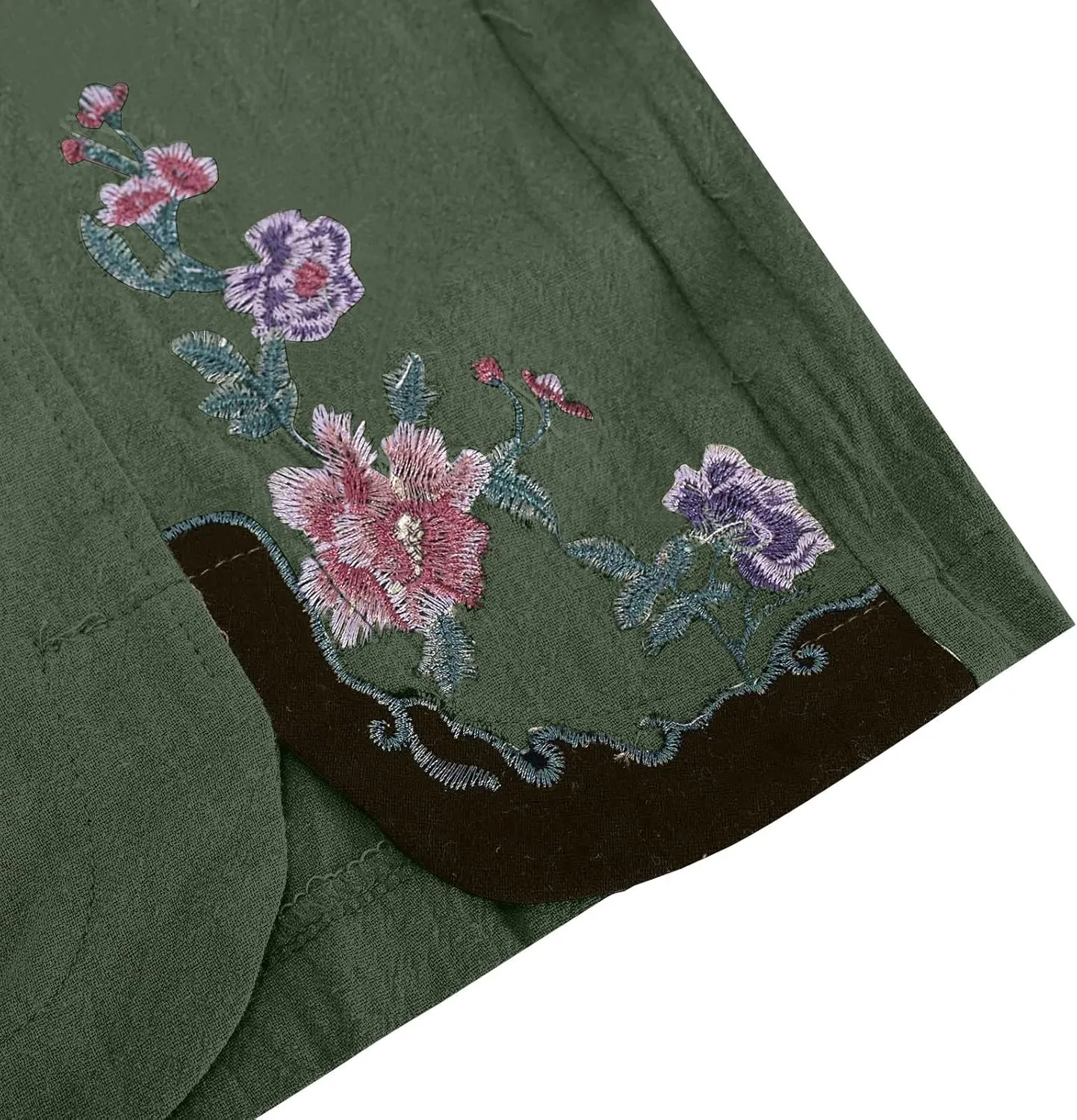 Womens Pants Embroidery Decoration Cotton and Linen Elastic Waist Pants Solid Summer Loose Cropped Wide Leg Trousers