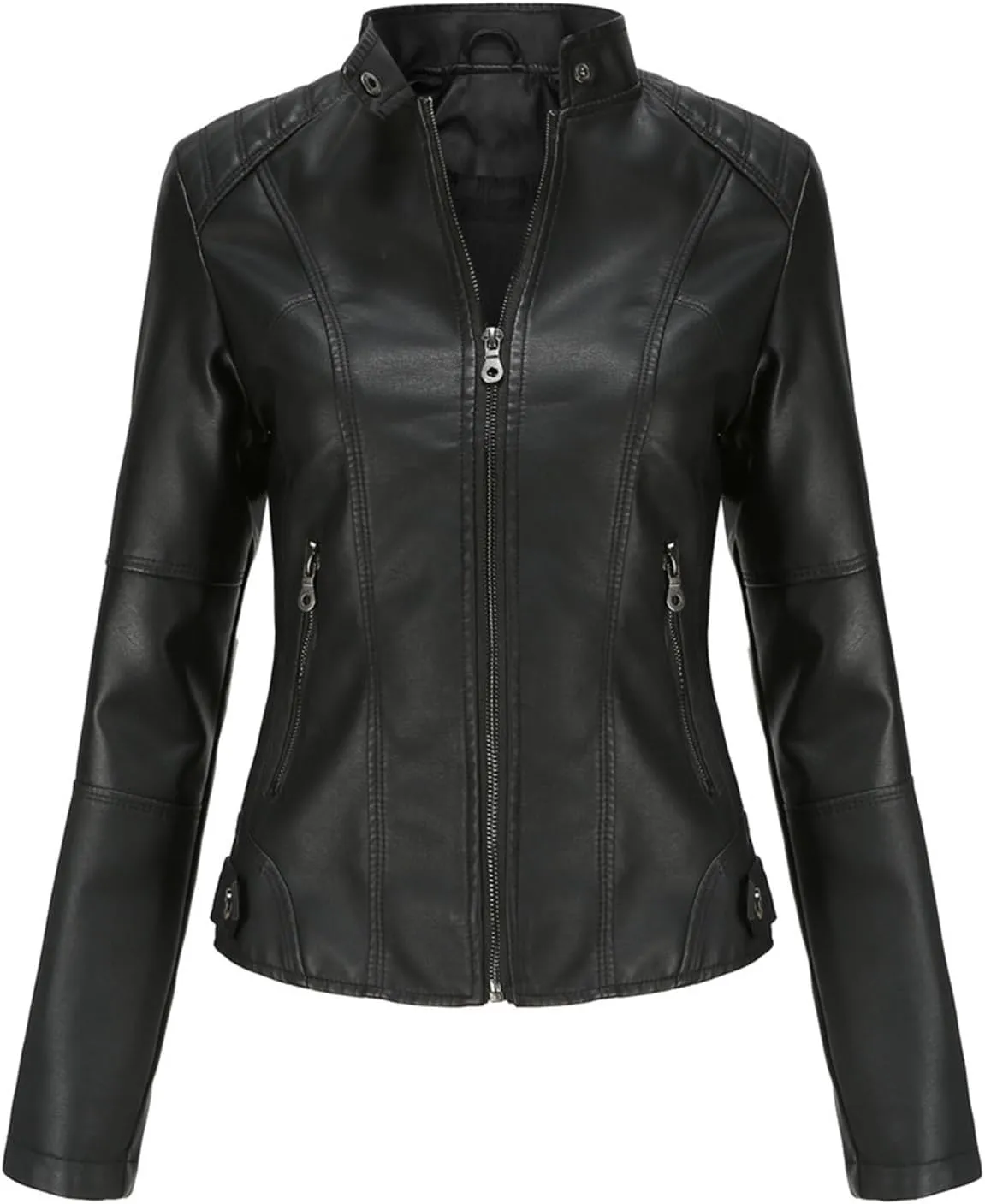 Women's Petite Casual Faux Leather Cropped Jacket Zip up Long Sleeve Moto Biker Coat, Faux Leather Jacket