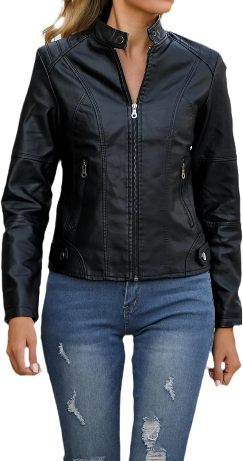 Women's Petite Casual Faux Leather Cropped Jacket Zip up Long Sleeve Moto Biker Coat, Faux Leather Jacket