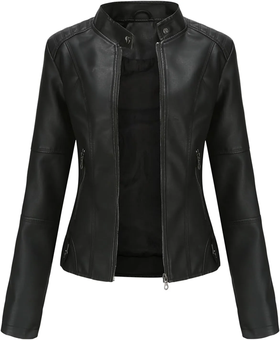 Women's Petite Casual Faux Leather Cropped Jacket Zip up Long Sleeve Moto Biker Coat, Faux Leather Jacket