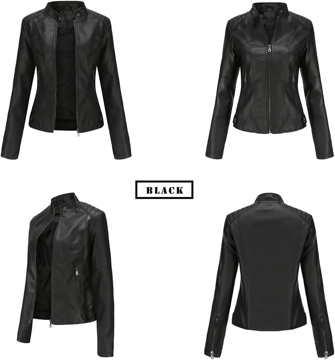 Women's Petite Casual Faux Leather Cropped Jacket Zip up Long Sleeve Moto Biker Coat, Faux Leather Jacket