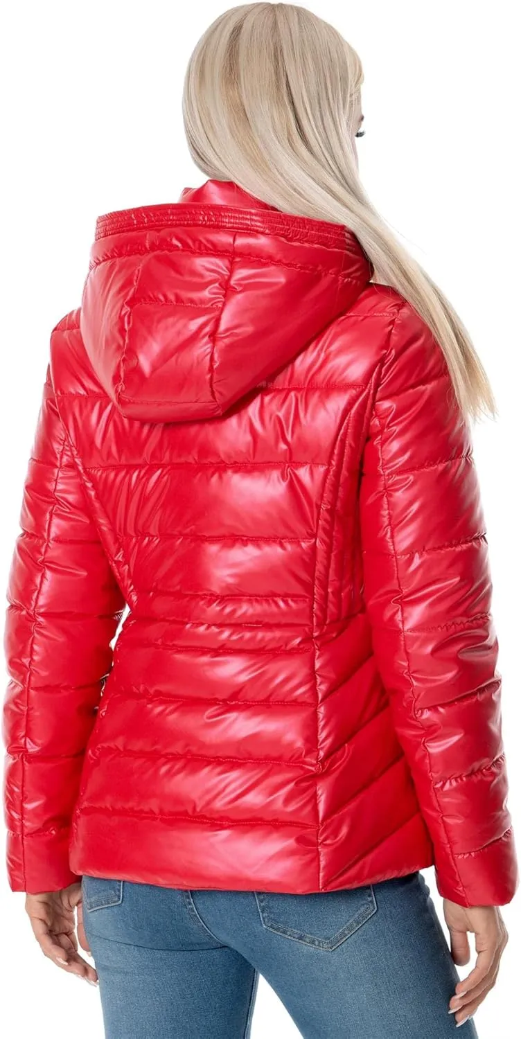 Women's Quilted Lightweight Puffer Jacket Metallic Shiny Winter Warm Zip Up Padded Coat with Detachable Hood
