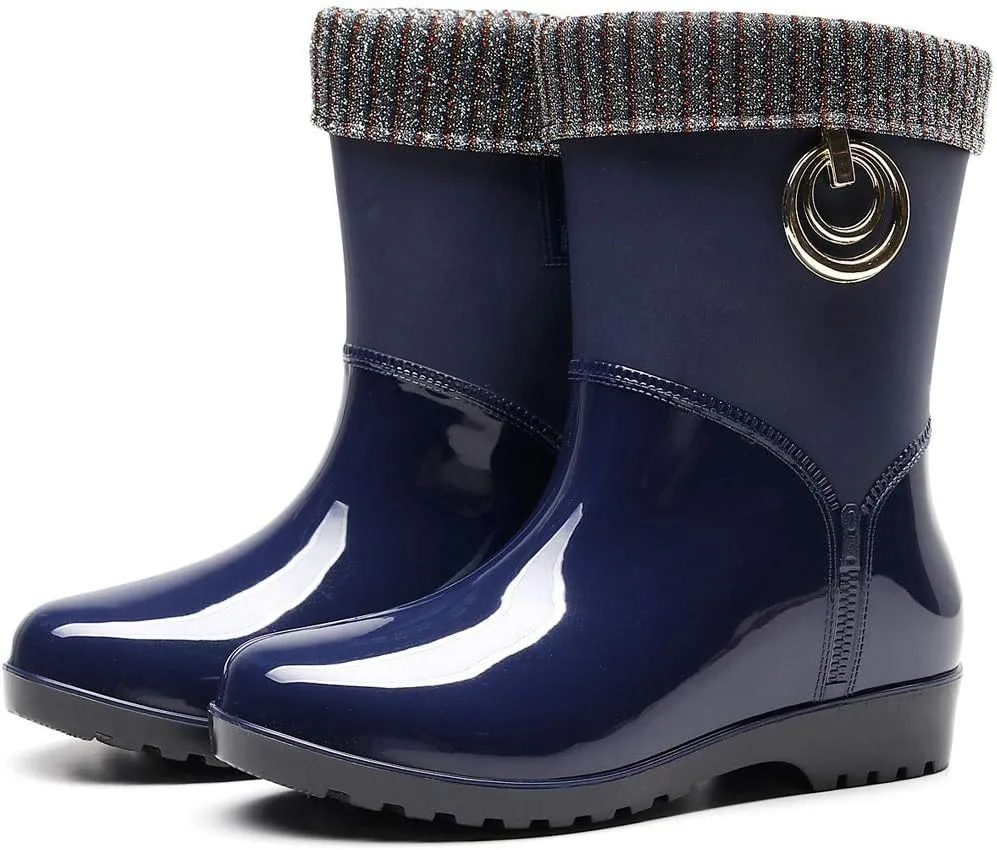 Womens Rain Boots Tall Waterproof Knitted Lined Mens Grounded Footwear Booties Barefoot Shoes Casual Fall Mid Calf Rain Boots for Women,Waterproof Garden Womens Winter Boots