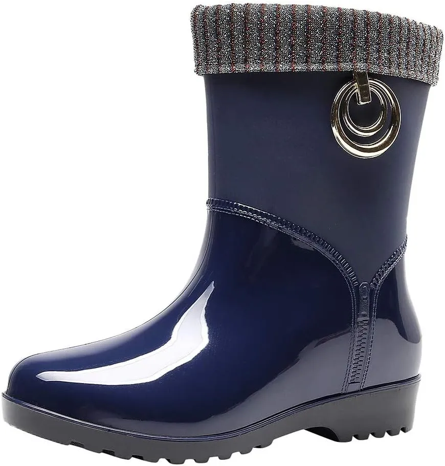 Womens Rain Boots Tall Waterproof Knitted Lined Mens Grounded Footwear Booties Barefoot Shoes Casual Fall Mid Calf Rain Boots for Women,Waterproof Garden Womens Winter Boots