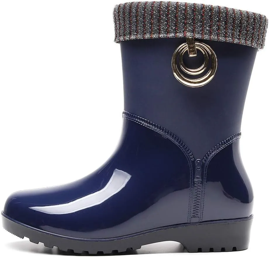 Womens Rain Boots Tall Waterproof Knitted Lined Mens Grounded Footwear Booties Barefoot Shoes Casual Fall Mid Calf Rain Boots for Women,Waterproof Garden Womens Winter Boots