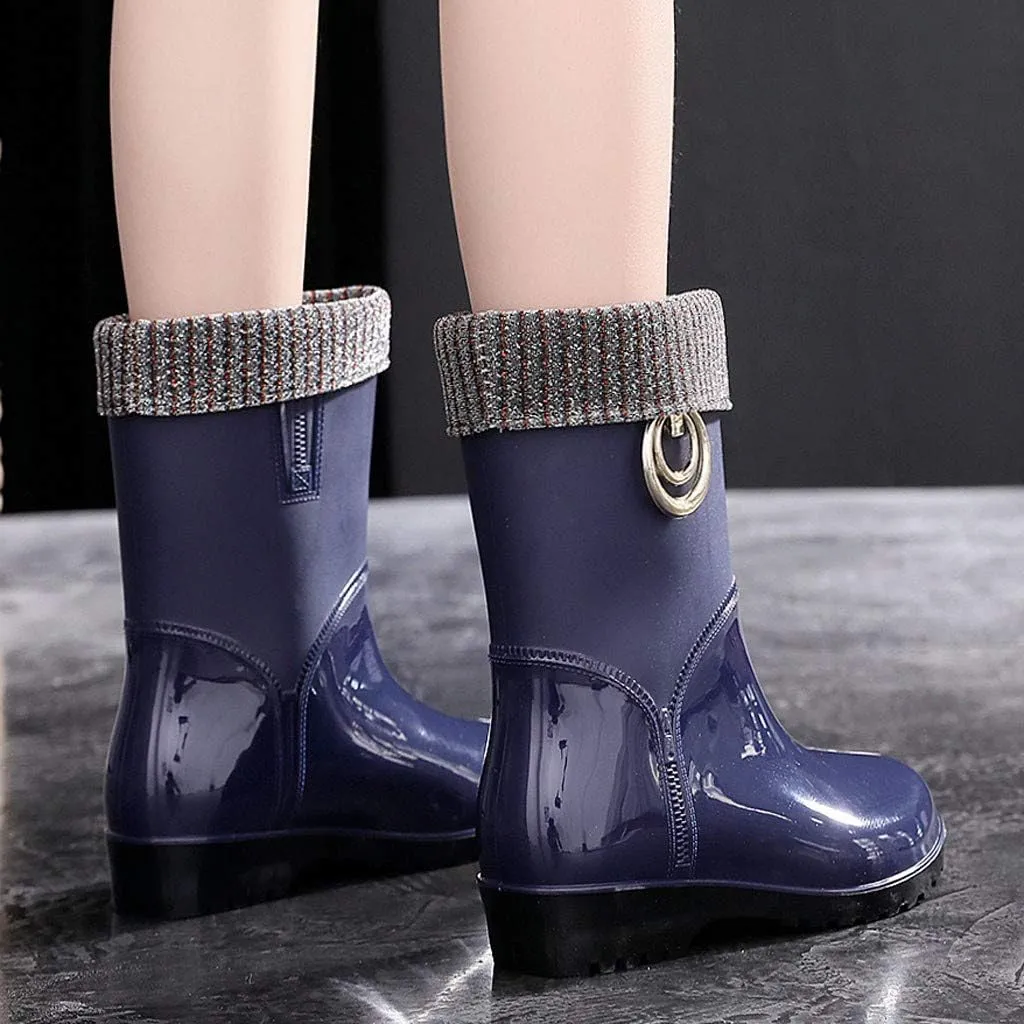 Womens Rain Boots Tall Waterproof Knitted Lined Mens Grounded Footwear Booties Barefoot Shoes Casual Fall Mid Calf Rain Boots for Women,Waterproof Garden Womens Winter Boots
