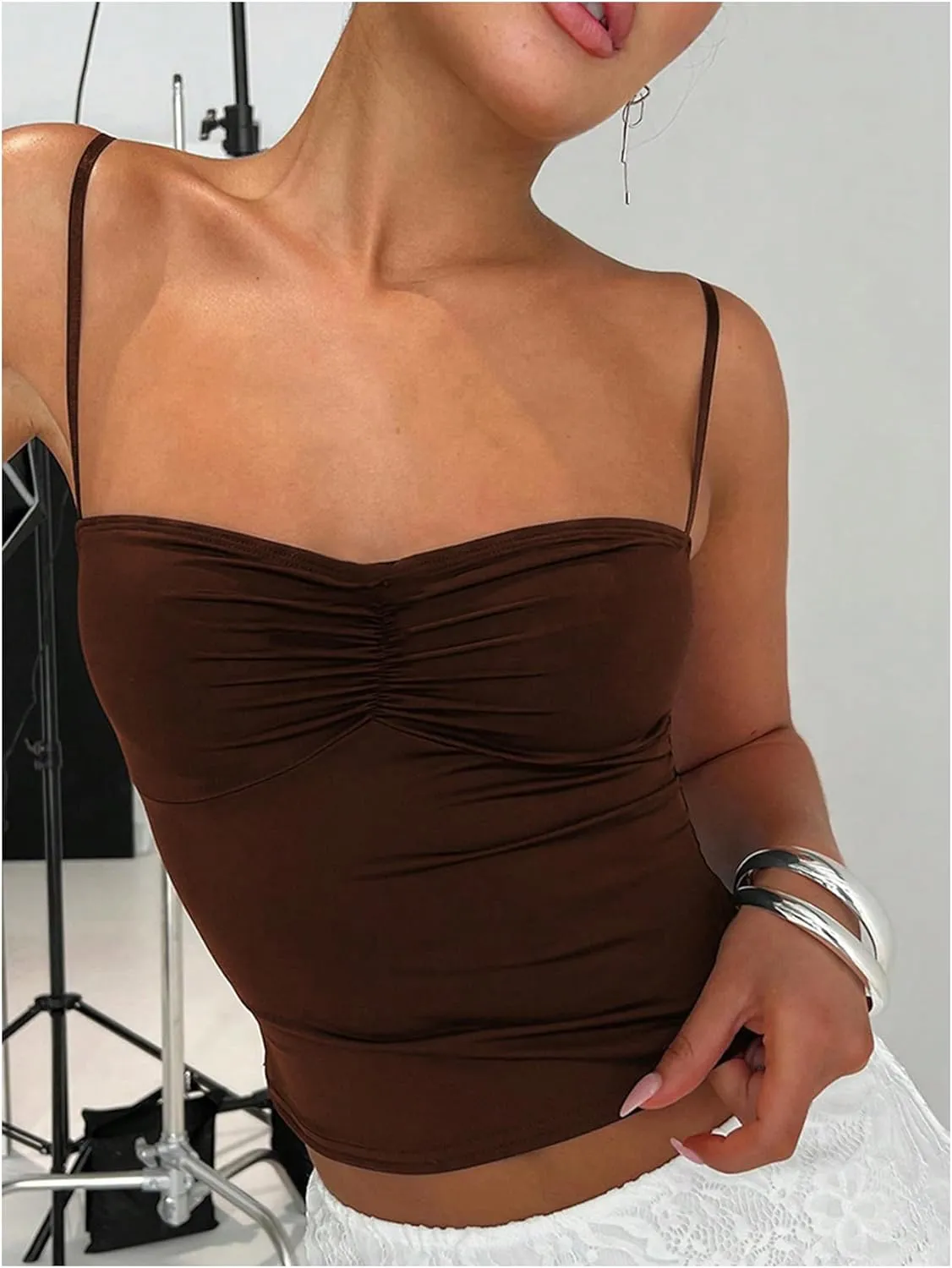 Women's Ruched Sweetheart Neck Camisole Tops Slim Fit Spaghetti Strap Crop Tank Top
