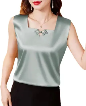 Women's Satin Camisole Tank Tops Square Neck National Button Sleeveless Top Silk Vest