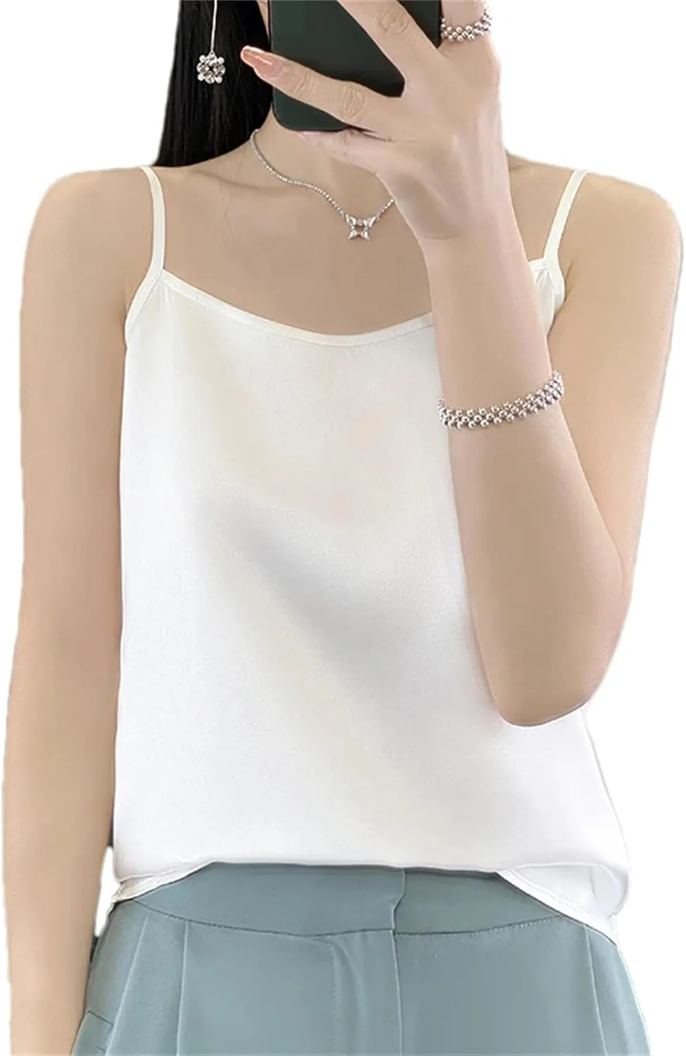 Women's Satin Strap Tank Top  Soft Silky Sleeveless Blouse Sexy Summer Camisole Vest