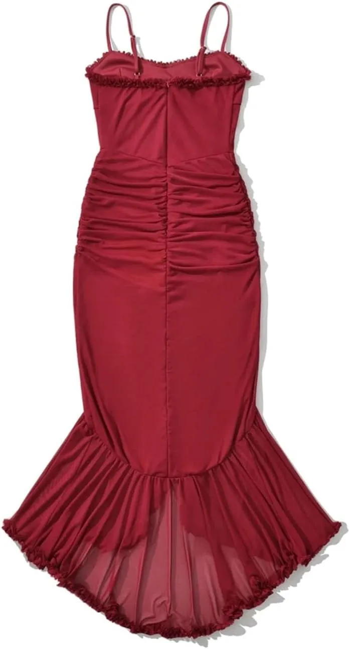 Women's Solid Midi Dress Evening Sleeveless V Neck Camisole Mesh Top Ruffle Dress