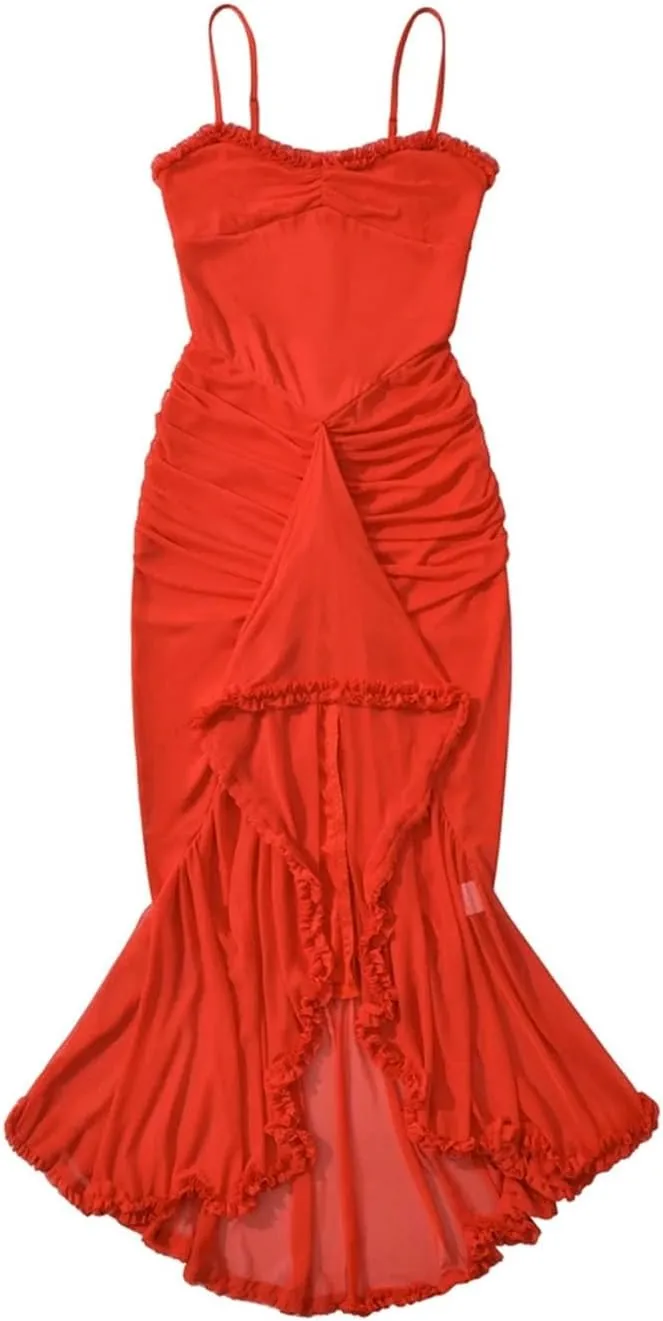 Women's Solid Midi Dress Evening Sleeveless V Neck Camisole Mesh Top Ruffle Dress