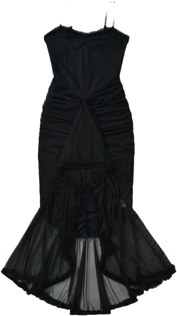 Women's Solid Midi Dress Evening Sleeveless V Neck Camisole Mesh Top Ruffle Dress