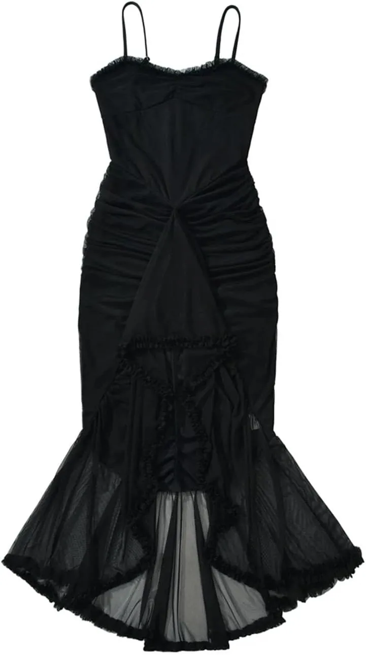 Women's Solid Midi Dress Evening Sleeveless V Neck Camisole Mesh Top Ruffle Dress