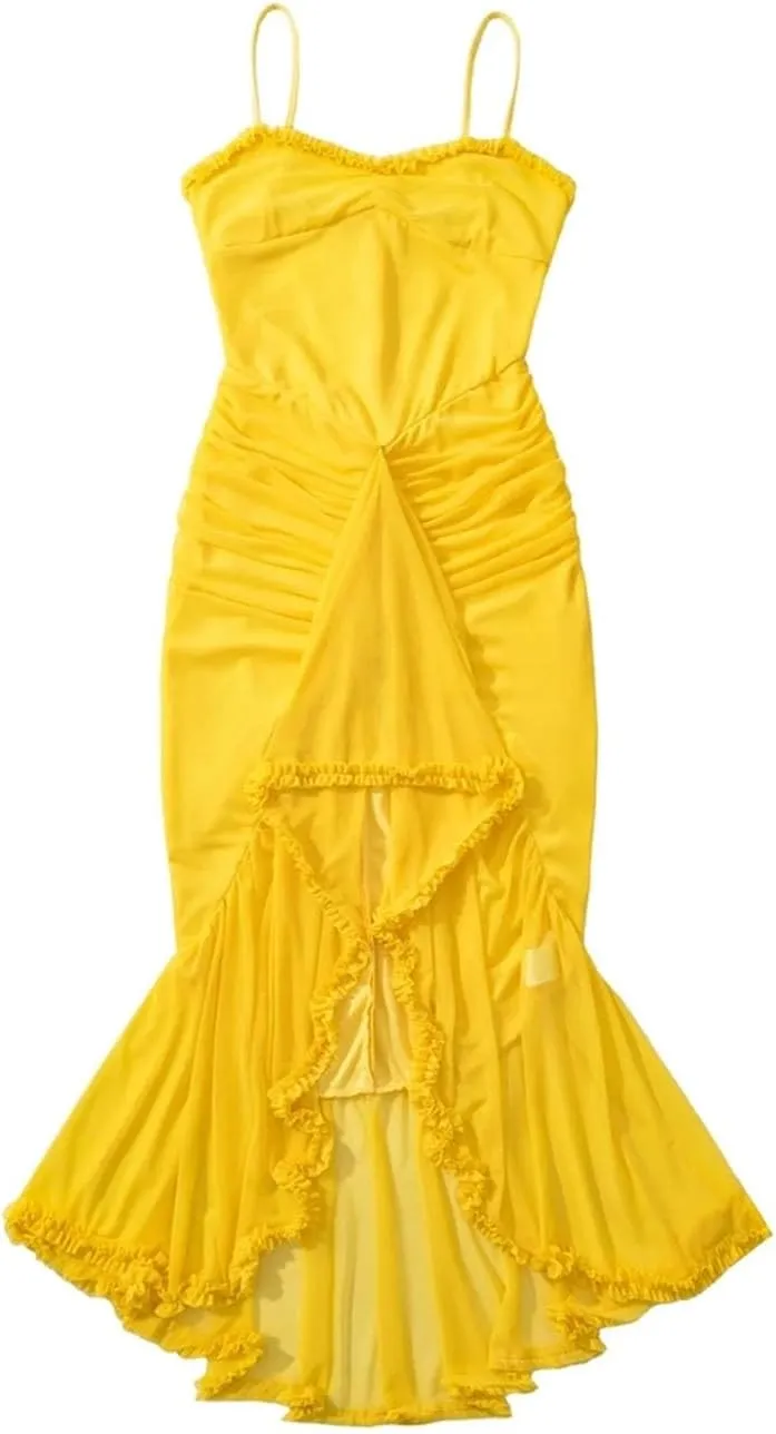 Women's Solid Midi Dress Evening Sleeveless V Neck Camisole Mesh Top Ruffle Dress