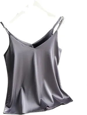 Women's Summer Camisole Spaghetti Strap Top V Neck Cami Satin Silk Tank Tops