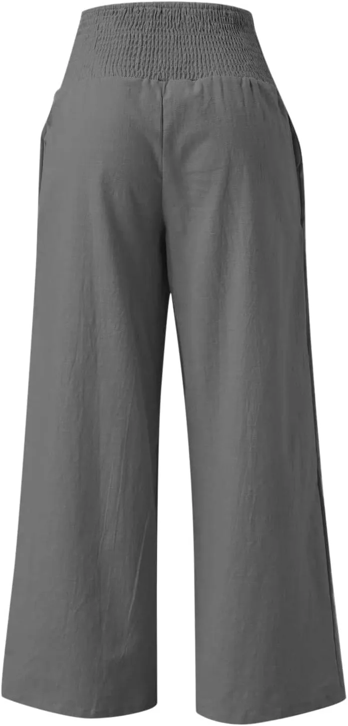 Womens Summer Casual Wide Leg Palazzo Pants Smocked High Waist Loose Lounge Comfy Trousers