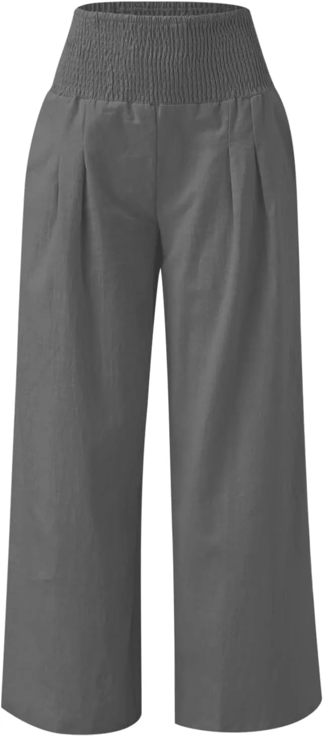 Womens Summer Casual Wide Leg Palazzo Pants Smocked High Waist Loose Lounge Comfy Trousers