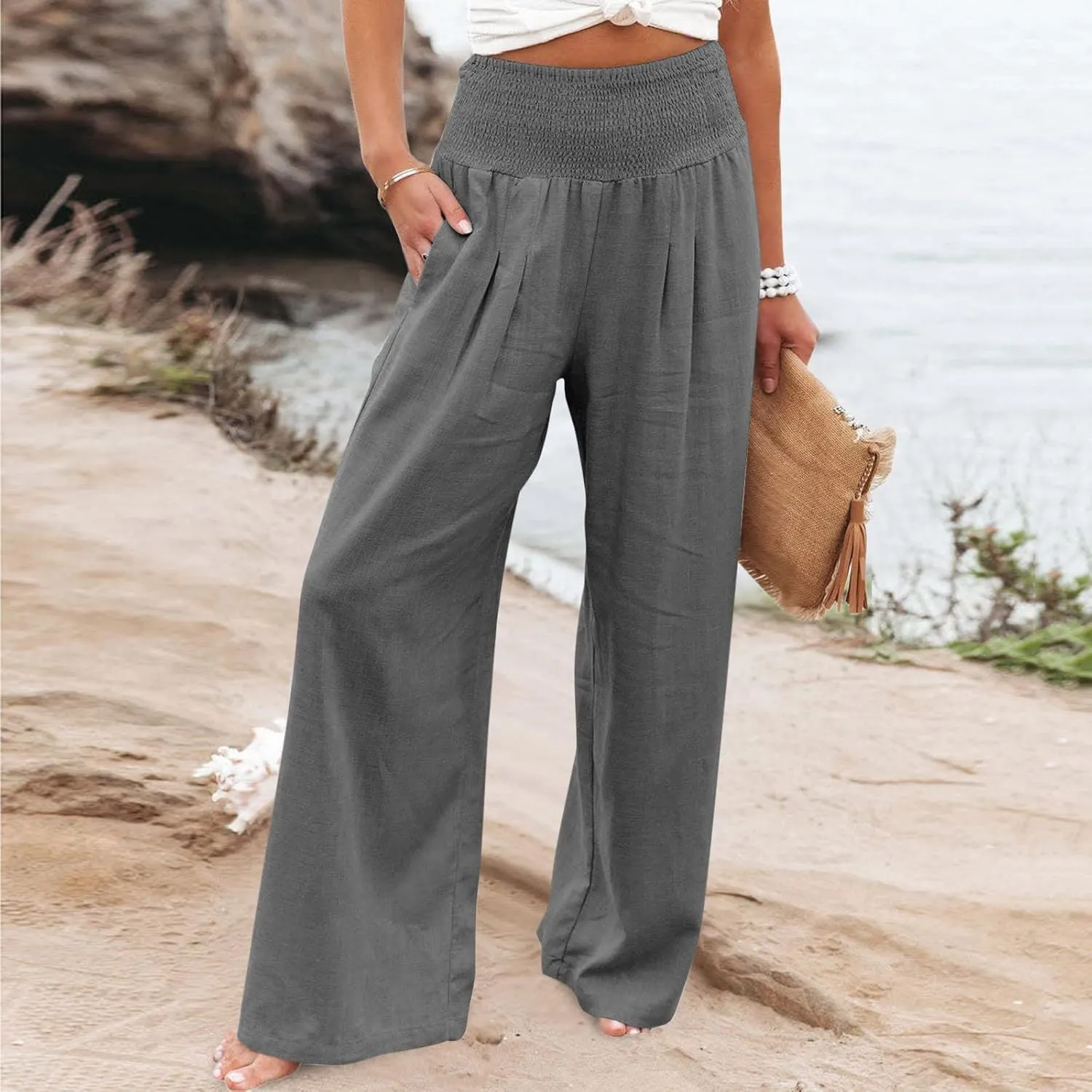 Womens Summer Casual Wide Leg Palazzo Pants Smocked High Waist Loose Lounge Comfy Trousers