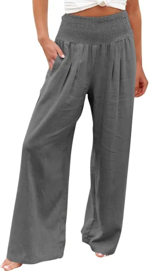 Womens Summer Casual Wide Leg Palazzo Pants Smocked High Waist Loose Lounge Comfy Trousers