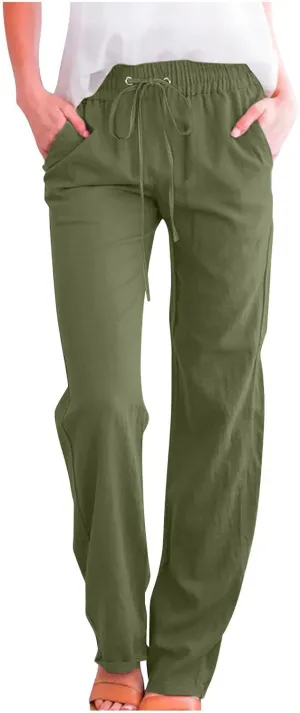 Women's Summer Drawstring Waist Wide Leg Trousers Fashion Solid Color Loose Cotton Linen Pants Casual Pockets Pants
