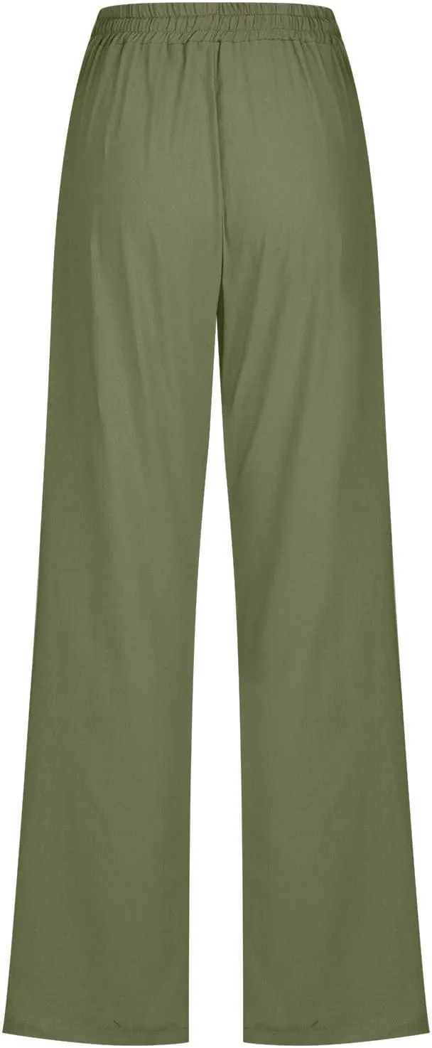 Women's Summer Drawstring Waist Wide Leg Trousers Fashion Solid Color Loose Cotton Linen Pants Casual Pockets Pants
