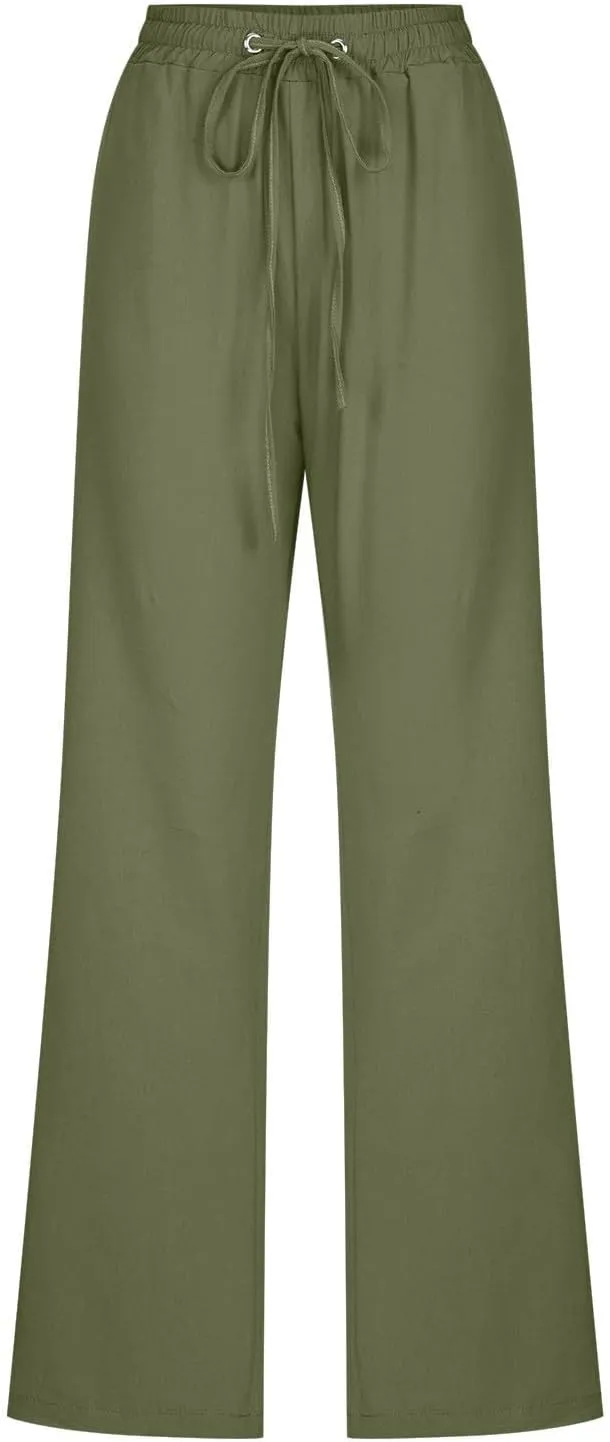 Women's Summer Drawstring Waist Wide Leg Trousers Fashion Solid Color Loose Cotton Linen Pants Casual Pockets Pants