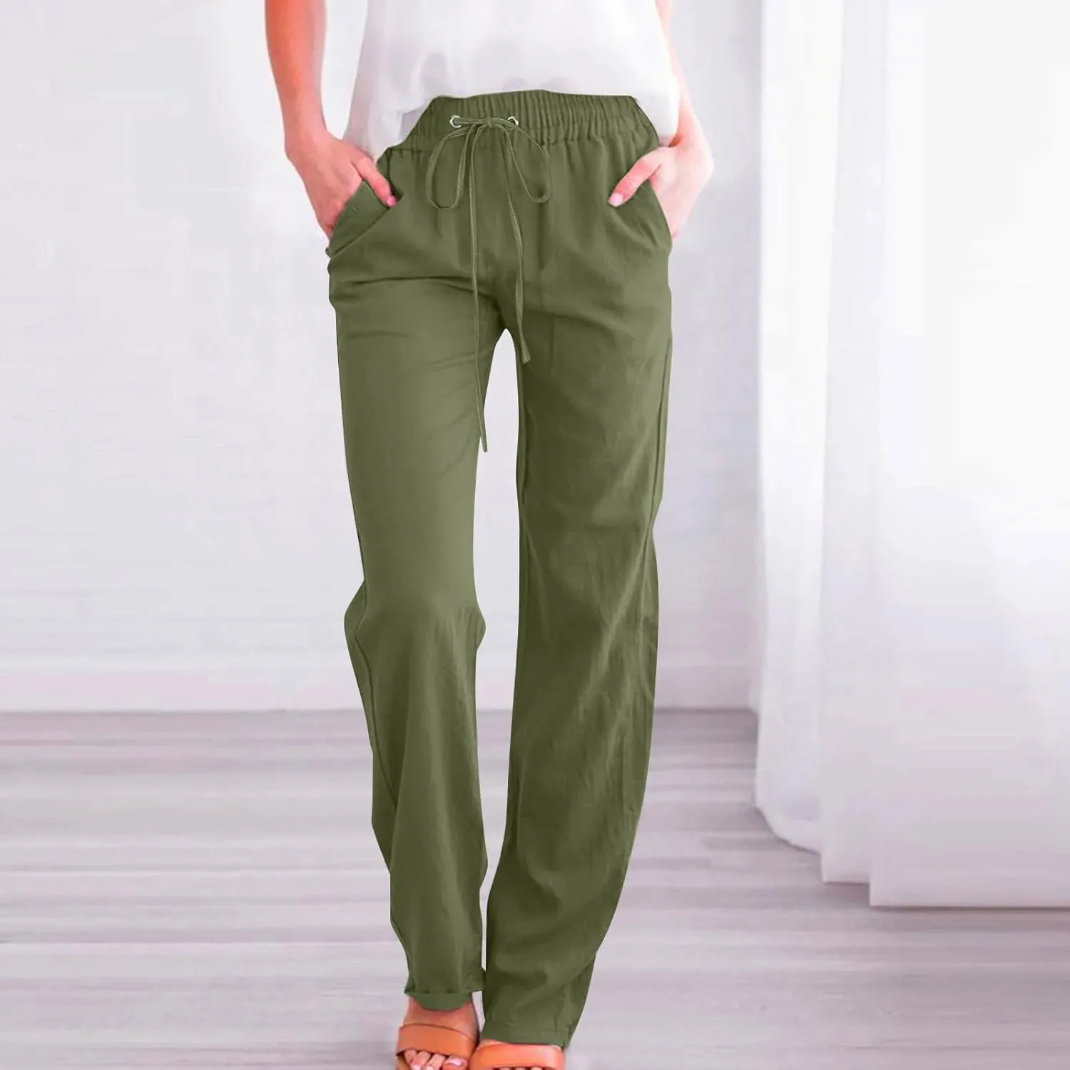 Women's Summer Drawstring Waist Wide Leg Trousers Fashion Solid Color Loose Cotton Linen Pants Casual Pockets Pants