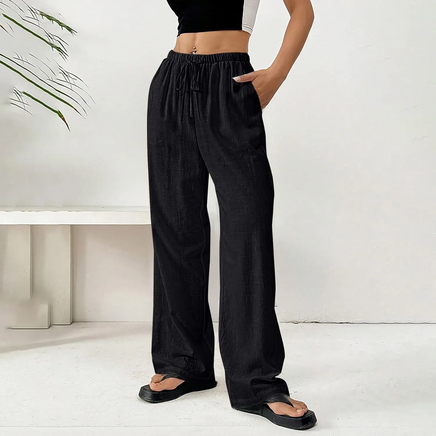 Womens Summer Gauze Pants Drawstring Waist Flowy Wide Leg Beach Trousers Loose Cotton Linen Palazzo Pant with Pockets