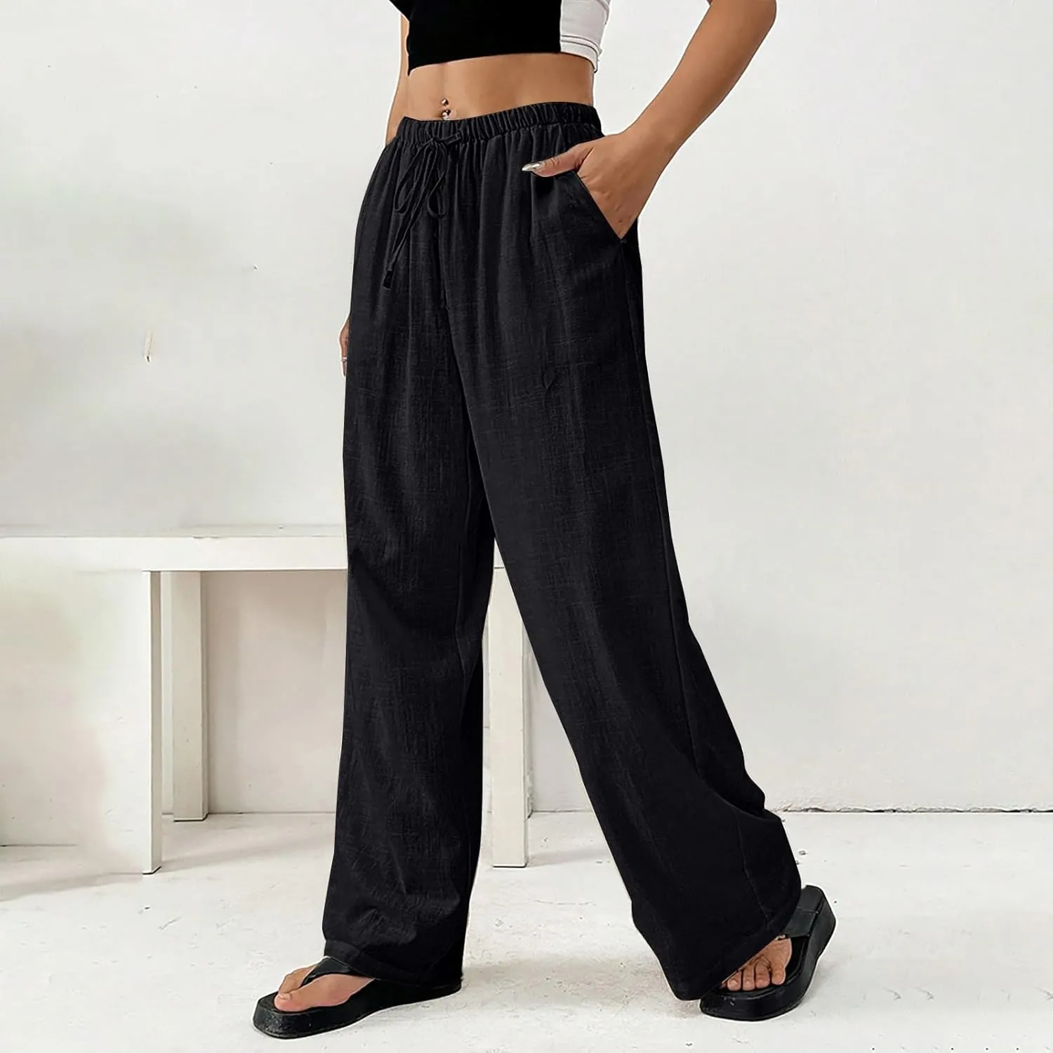 Womens Summer Gauze Pants Drawstring Waist Flowy Wide Leg Beach Trousers Loose Cotton Linen Palazzo Pant with Pockets