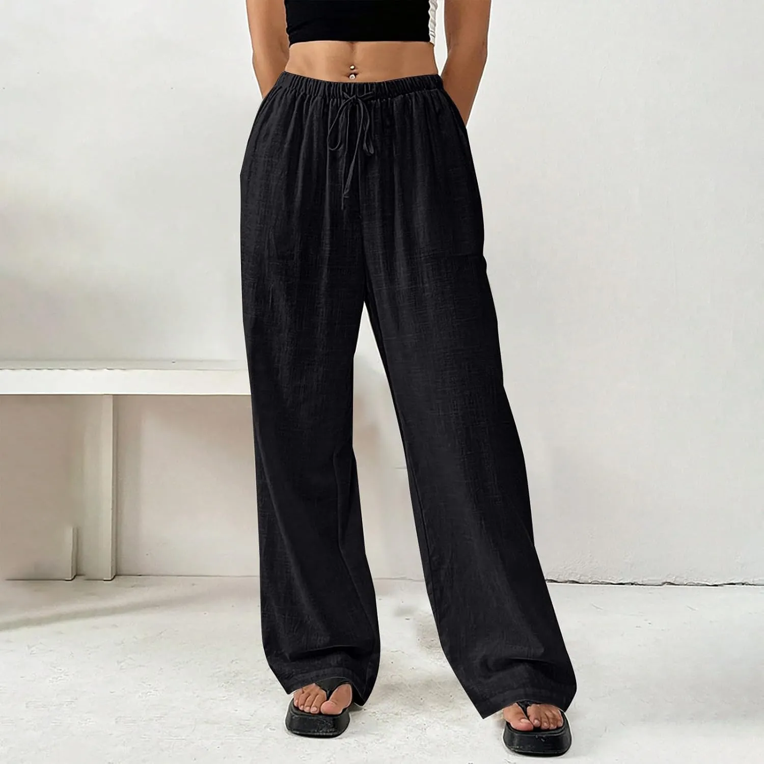 Womens Summer Gauze Pants Drawstring Waist Flowy Wide Leg Beach Trousers Loose Cotton Linen Palazzo Pant with Pockets