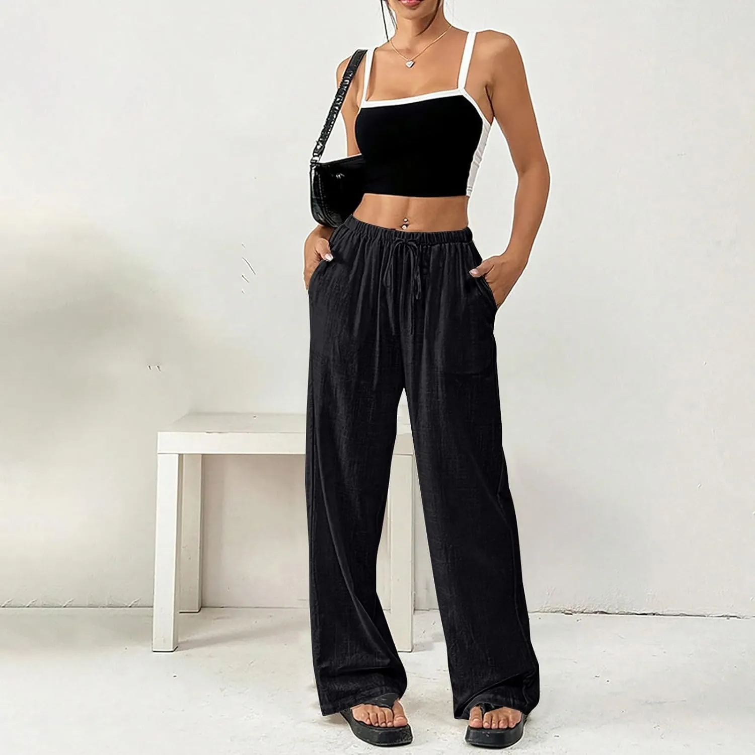 Womens Summer Gauze Pants Drawstring Waist Flowy Wide Leg Beach Trousers Loose Cotton Linen Palazzo Pant with Pockets