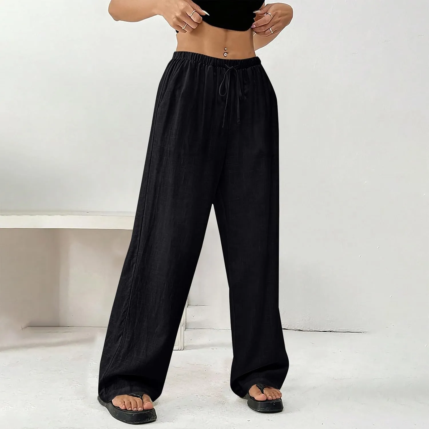 Womens Summer Gauze Pants Drawstring Waist Flowy Wide Leg Beach Trousers Loose Cotton Linen Palazzo Pant with Pockets