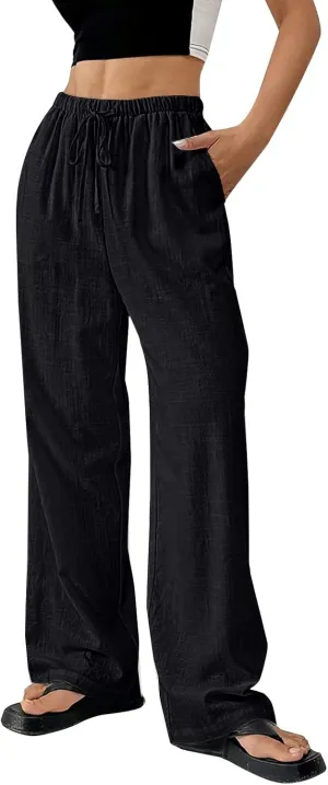 Womens Summer Gauze Pants Drawstring Waist Flowy Wide Leg Beach Trousers Loose Cotton Linen Palazzo Pant with Pockets