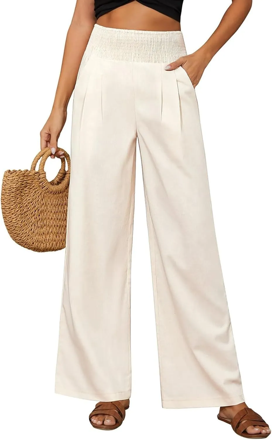 Women's Summer Linen Trousers Wide Leg Palazzo Elastic High Waisted Casual Long Pants Lightweight Loose Trousers with Pockets