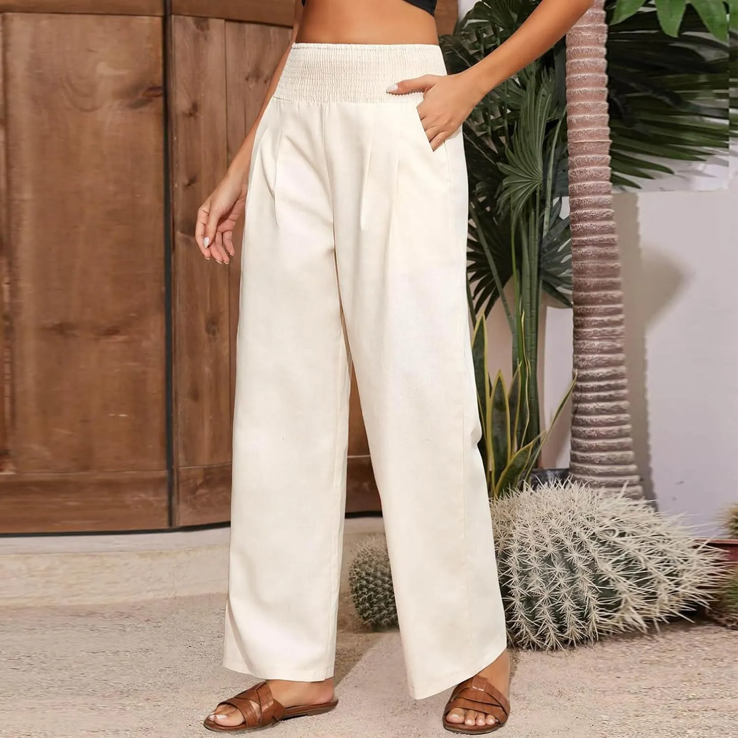 Women's Summer Linen Trousers Wide Leg Palazzo Elastic High Waisted Casual Long Pants Lightweight Loose Trousers with Pockets