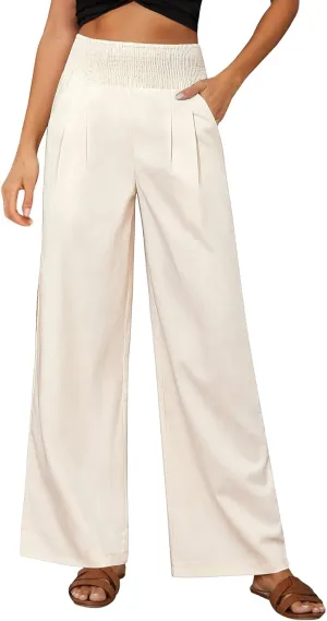 Women's Summer Linen Trousers Wide Leg Palazzo Elastic High Waisted Casual Long Pants Lightweight Loose Trousers with Pockets