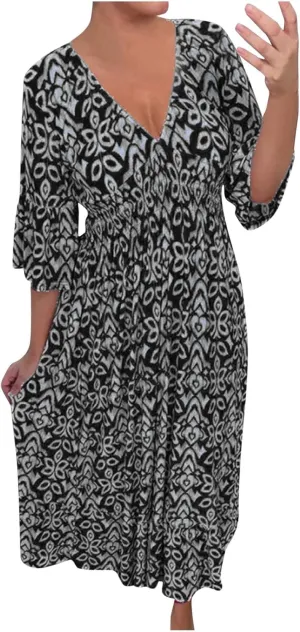 Womens Summer Maxi Dresses V Neck Floral Print Long Swing Dress 3/4 Sleeve Loose Casual Boho Beach Sun Dress